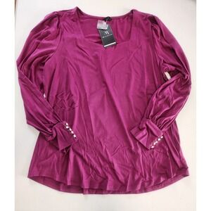 MICOSON Square Neck Puff Sleeve Beaded Cuff Top Magenta XL